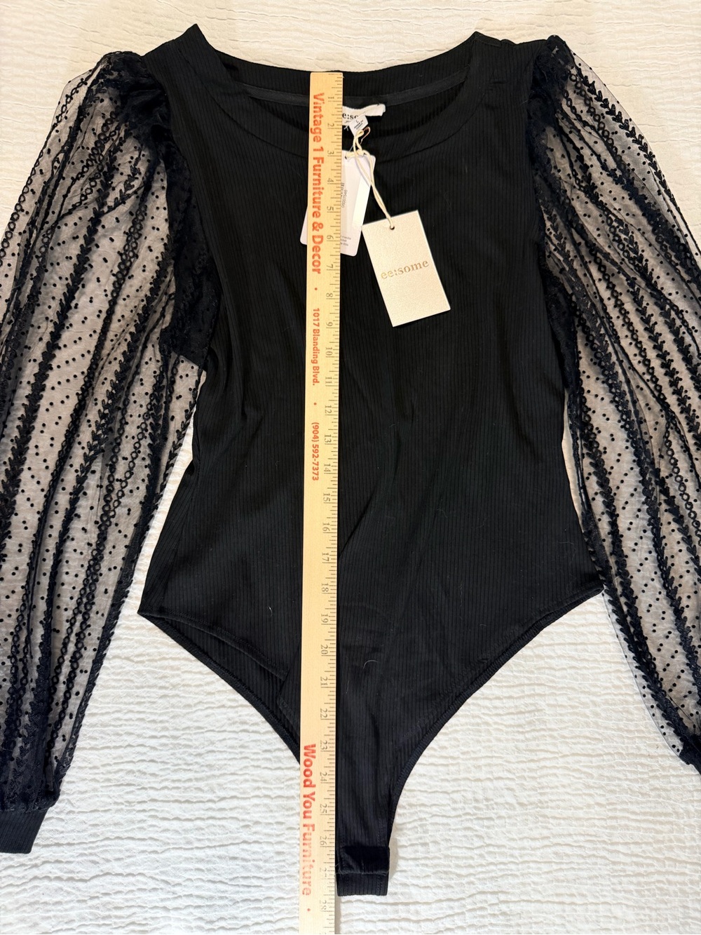 Eesome Boutique Ribbed Bodysuit Sheer Puff Sleeves NWT Chic Fitted Top - Picture 7 of 8
